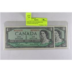GEM UNC 1954 $1 BANKNOTES CONSECUTIVE S/N X2