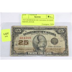 1923 DOMINION OF CANADA 25 CENT SHINPLASTER