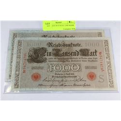 1910 GERMAN RED SEAL 1,000 MARK NOTES X2