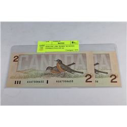GEM UNC 1986 "ROBIN" $2 NOTES CONSECUTIVE S/N X2
