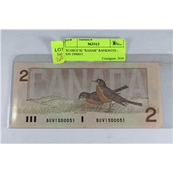 SCARCE $2 "RADAR" BANKNOTE - S/N 1500051
