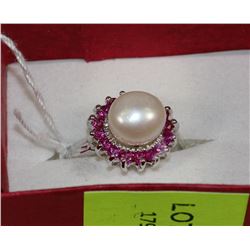 NATURAL RUBY /AKOYA PEARL RING .925 SILVER SIZE 9