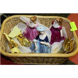 BASKET WITH VICTORIAN STYLE LADY FIGURINES INCL.
