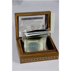 GEMSTONE WOODEN BOX WITH FOREIGN CURRENCY