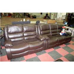 BROWN LEATHERETTE RECLINING SOFA AND LOVE
