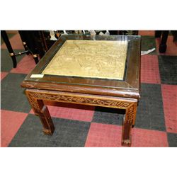 WOOD CARVED CHINESE WARRIOR END TABLE WITH GLASS