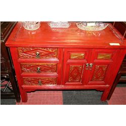 RED WOOD CARVED 3 DRAWER 2 DOOR CABINET