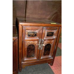 WOOD CARVED 2 DOOR END TABLE