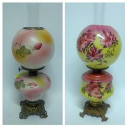 ANTIQUE OIL LAMP WITH HURRICANE SHADE AND BRASS