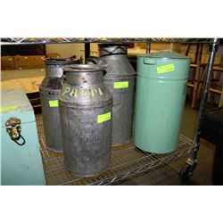 THREE VINTAGE CREAM CANS WITH FLOUR TIN