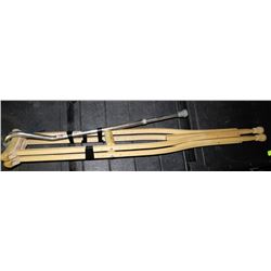 LOT OF 2 CRUTCHES AND ALUMINUM WALKING STICK