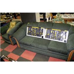 GREEN COUCH AND CHAIR SET WITH WOOD ACCENTS