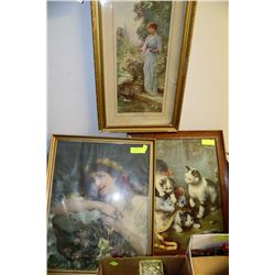 LOT OF 3 VINTAGE PICTURES INCL.GIRL WITH FLOWERS,