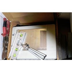 BOX WITH GRINDING STONES,LASER LEVEL ON TRIPOD &