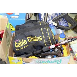 BOX OF MISC TOOLS TIRE CHAINS/FISHING ROD/HAMMERS