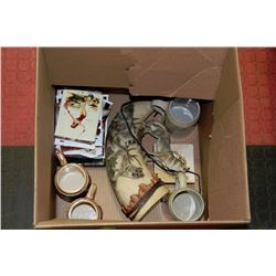 BOX WITH COLLECTIBLE POST CARDS,STEINS AND WOLF