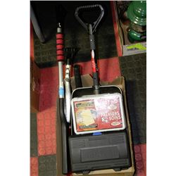BOX OF MISC STUFF- FIRST AID KIT/SHOVELS/TOOLKIT