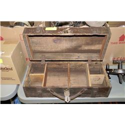 ANTIQUE WOOD, METAL AND LEATHER TOOLBOX
