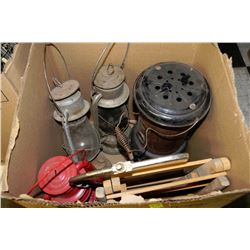 BOX OF ESTATE BARN LANTERNS, HOTGLASS HEATER ETC