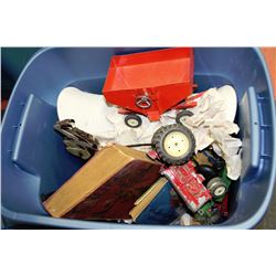 TOTE WITH VINTAGE ERTL TRACTOR,PARTS,HORSE WAGON