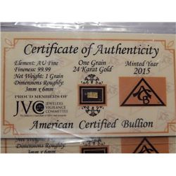 BULLION - USA MINT - 1G .999 FINE GOLD - SEALED WITH ASSAY CARD