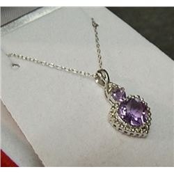 NECKLACE - DOUBLE HEART FACETED AMETHYST AND DIAMOND NECKLACE - 1.95 CT IN STERLING SILVER SETTING A
