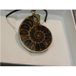 NECKLACE - GENUINE AMMONITE PENDANT ON ROPE WITH STERLING SILVER ACCENT -RETAIL ~$125