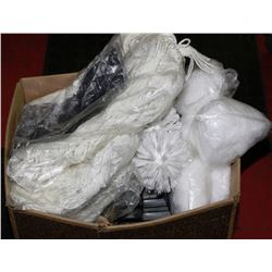 BOX OF JANITORIAL SUPPLIES INCL. MOP HEADS & MORE