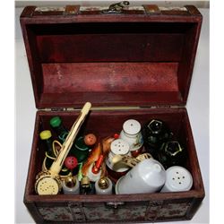 FLOWERED CHEST FILLED W/VINTAGE SALT & PEPPER