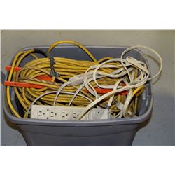 GREY TOTE W/ EXTENSION CORDS & PWR BAR/ ETC