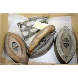 3 VINTAGE SAD IRONS & ONE STAND