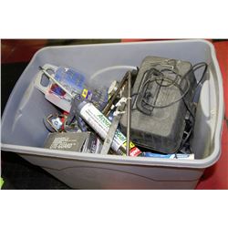 TOTE WITH AIR NAILER AND MISC TOOLS/HARDWARE