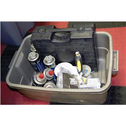 TOTE WITH CAMPING STOVE,CANS OF BUTANE,AND DRYWALL