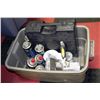Image 1 : TOTE WITH CAMPING STOVE,CANS OF BUTANE,AND DRYWALL