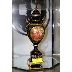 COBALT BLUE PAINTED LADIES DESIGN LIDDED VASE/URN