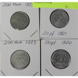 LOT OF 4 GERMAN COINS INCL.2-200 MARK(1923) &