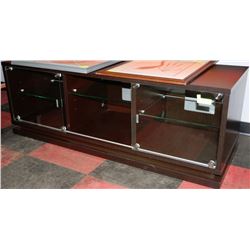 DARK BROWN TV STAND WITH ROLLING GLASS DOORS