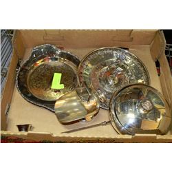 TRAY FULL OF SILVER ITEMS INCLUDING SUGAR SHUTTLE