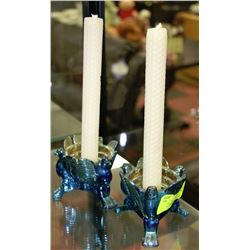 CARNIVAL GLASS BIRD CANDLE HOLDER SET WITH CANDLES