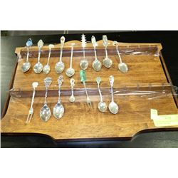 WOODEN SPOON DISPLAY WITH 16 STERLING SILVER