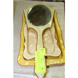 FRENCH IVORY HAND MIRROR & TWO DRESSER TRAYS