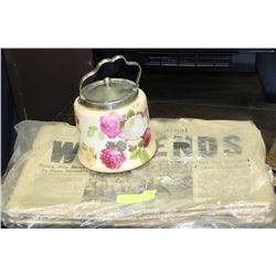 ANTIQUE BISCUIT BARREL WITH 10 ORIGINAL WWII ERA