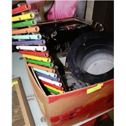 LARGE BOX OF MISC INCLUDING XYLOPHONE, DECORATIVE