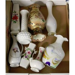 FLAT WITH VASES INCL. HOBNAIL MILK GLASS, SATSUMA