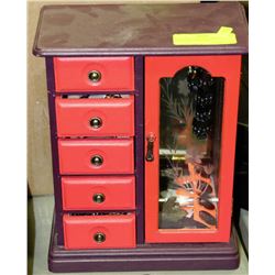 RED JEWELLERY BOX WITH ASSORTED JEWELLERY