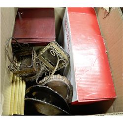 BOX WITH MISC CANDLE HOLDERS & HOUSEHOLD DECOR X2
