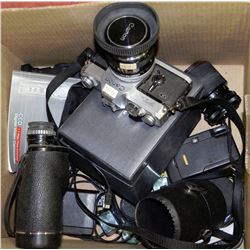 BOX WITH CANON CAMERA TASCO BINOCULARS & MORE