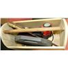 Image 1 : WOOD TOOL BOX WITH PALM SANDER,SAW, HAND TOOLS &