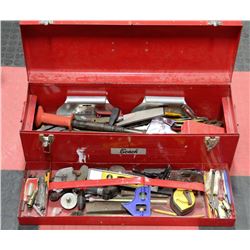 RED BENCH TOOL BOX FULL OF TOOLS,HAMMERS,RAM SET,