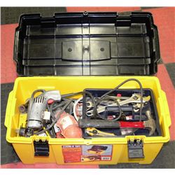 YELLOW TOOL BOX WITH TOOLS WITH MILWAUKEE DRILL